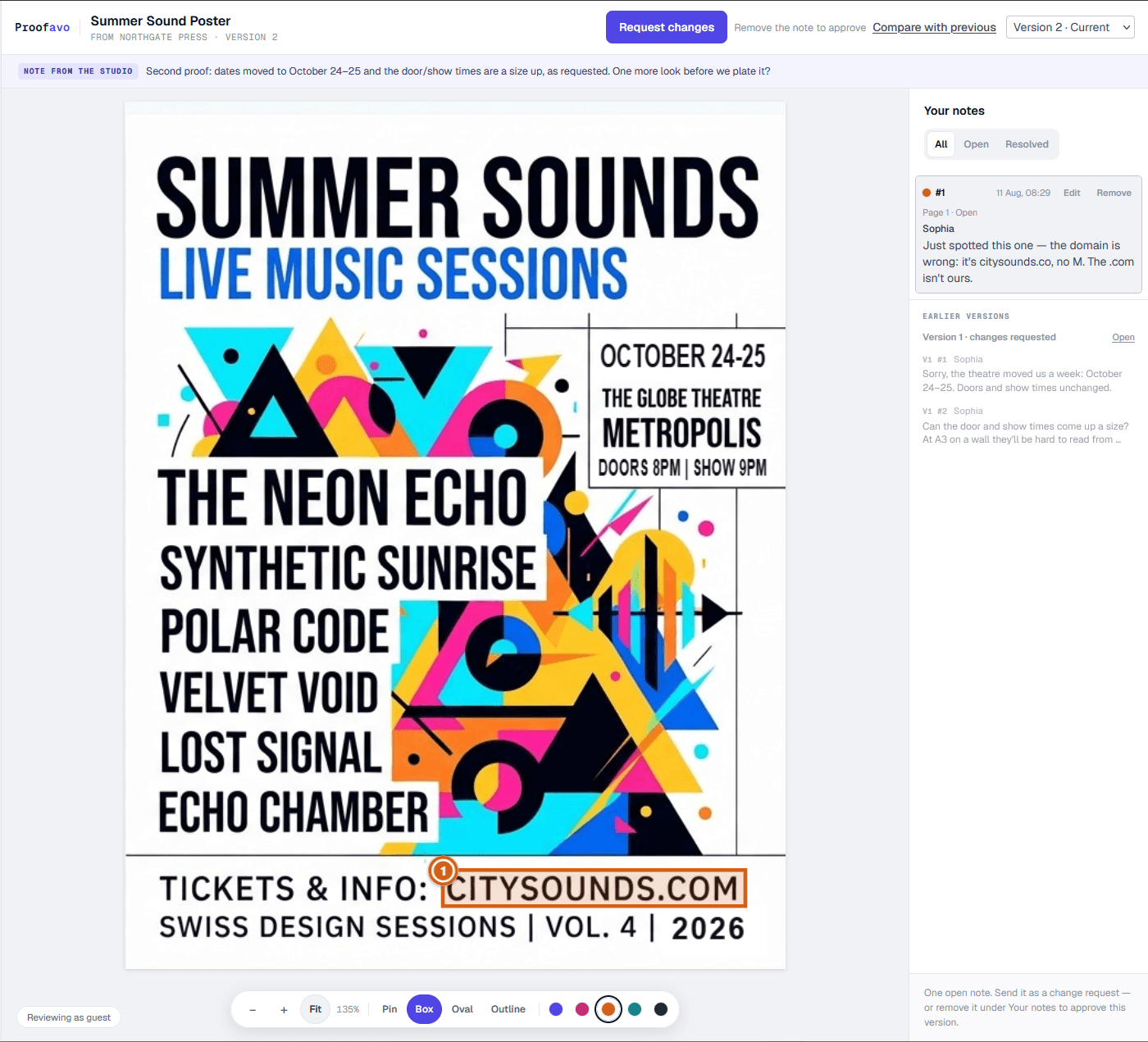 The Proofavo review page a client sees: Version 2 of a poster proof with a note pinned on the artwork, the previous round's requests in the sidebar, and a Request changes button — no login