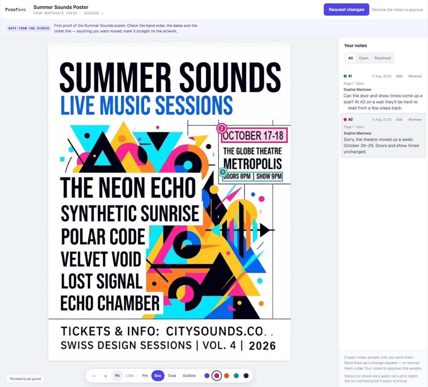 The client's view: two notes pinned straight onto the poster, one on the dates and one on the show times, with the artwork's own toolbar underneath