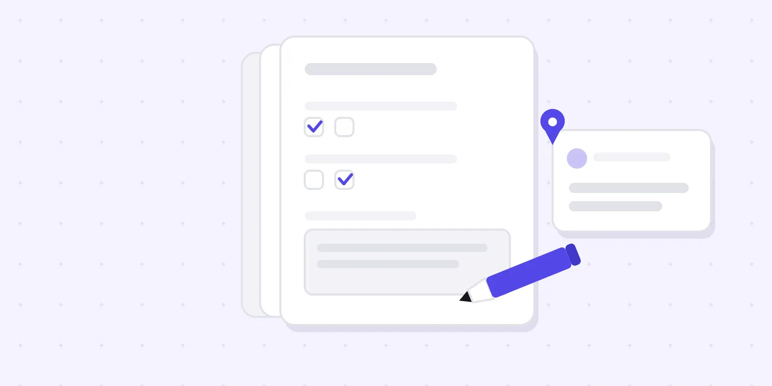 A feedback form with ticked questions and a written answer, and the pencil that fills it in.