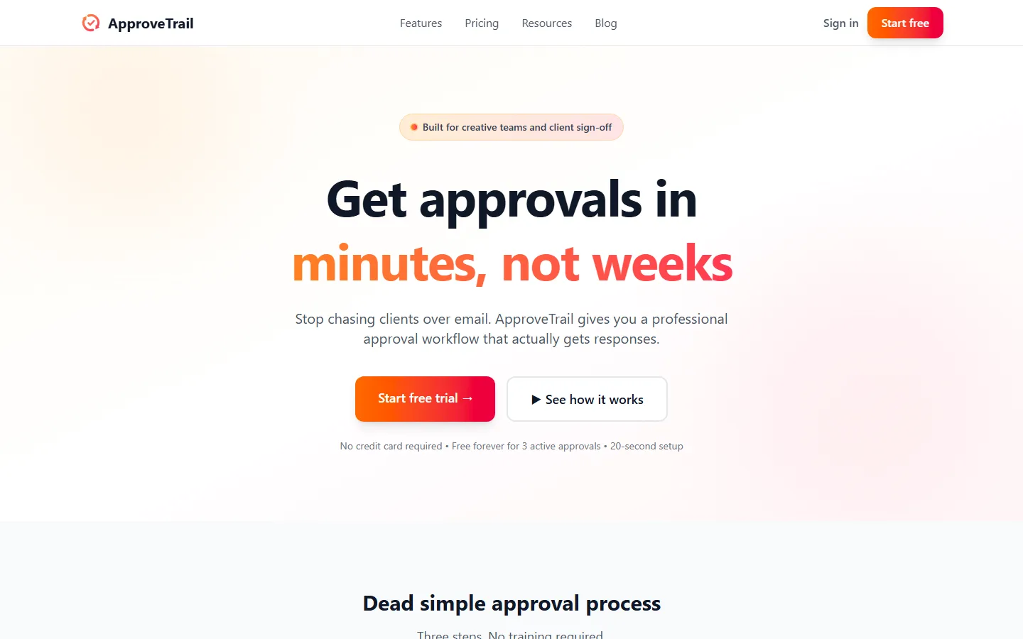 ApproveTrail's home page on 29 September 2026: the headline "Get approvals in minutes, not weeks".