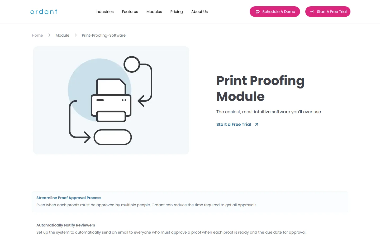 Ordant's proofing module page on 29 September 2026: the "Print Proofing Module" page with an illustration of a printer inside an approval loop.