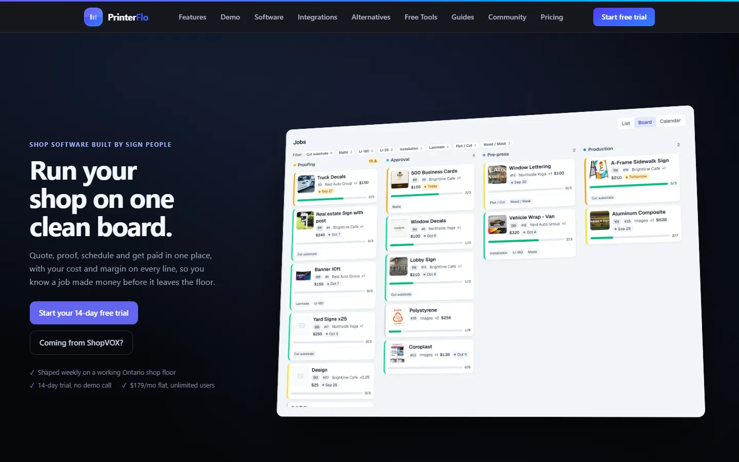 PrinterFlo's home page on 29 September 2026: the headline "Run your shop on one clean board." beside a production board of sign jobs.