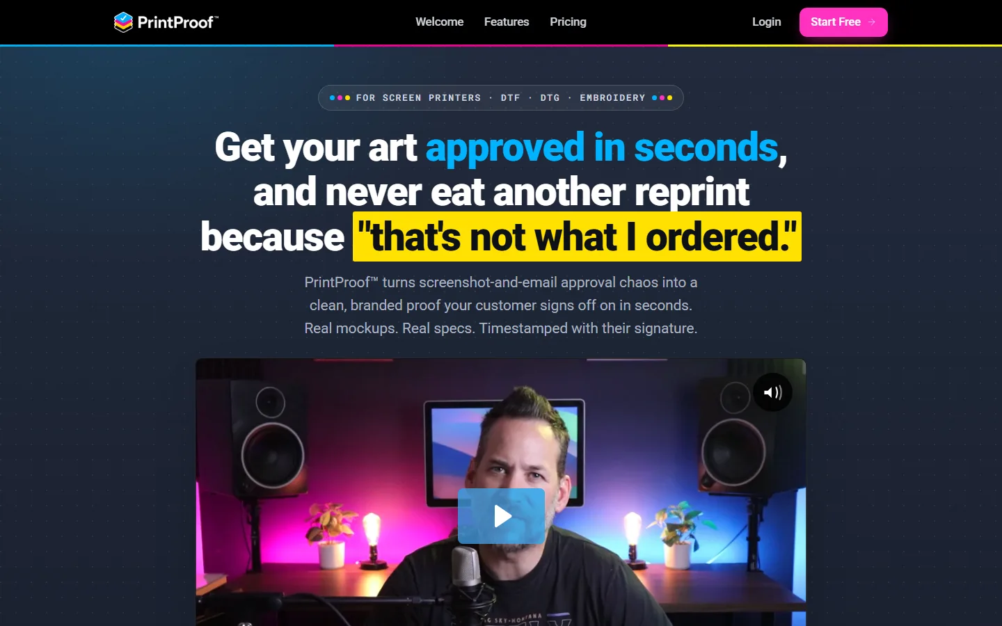 PrintProof's home page on 29 September 2026: the headline "Get your art approved in seconds, and never eat another reprint" above a video.