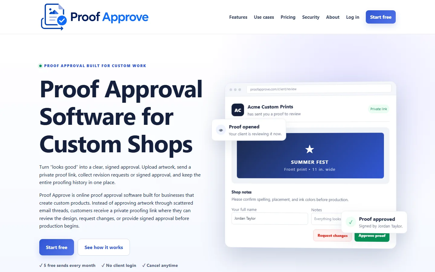 Proof Approve's home page on 29 September 2026: the headline "Proof Approval Software for Custom Shops" beside a proof for a front print awaiting approval.