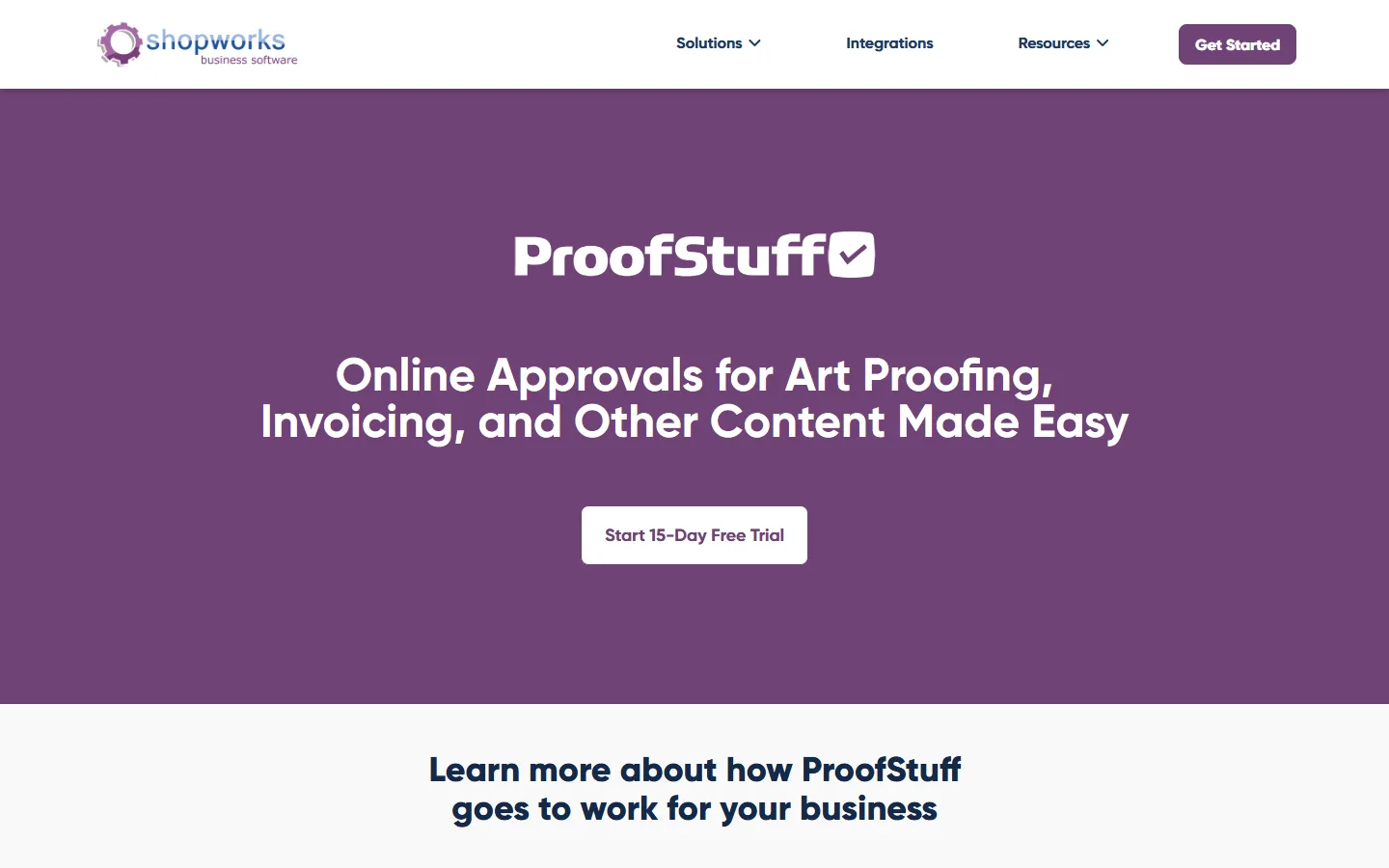 ProofStuff's page on the ShopWorks site on 29 September 2026: the ProofStuff logo on purple above "Online Approvals for Art Proofing, Invoicing, and Other Content Made Easy".