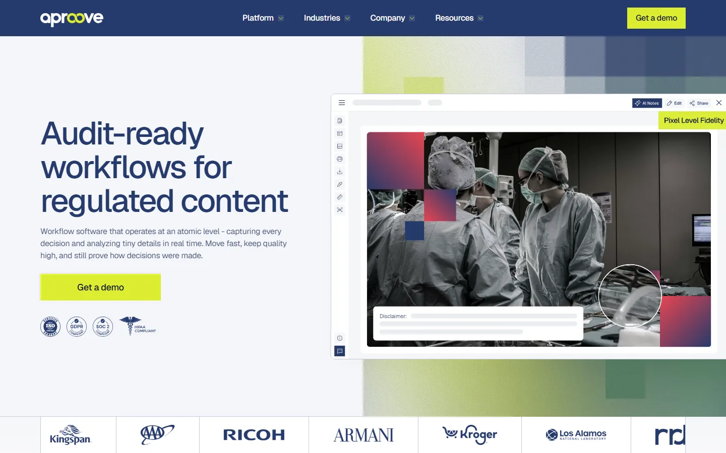 Aproove's home page on 29 September 2026: the headline "Audit-ready workflows for regulated content" beside a medical image under review.