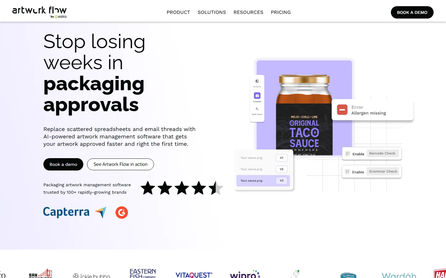 Artwork Flow's home page on 29 September 2026: the headline "Stop losing weeks in packaging approvals" beside a jar label flagged "Allergen missing".