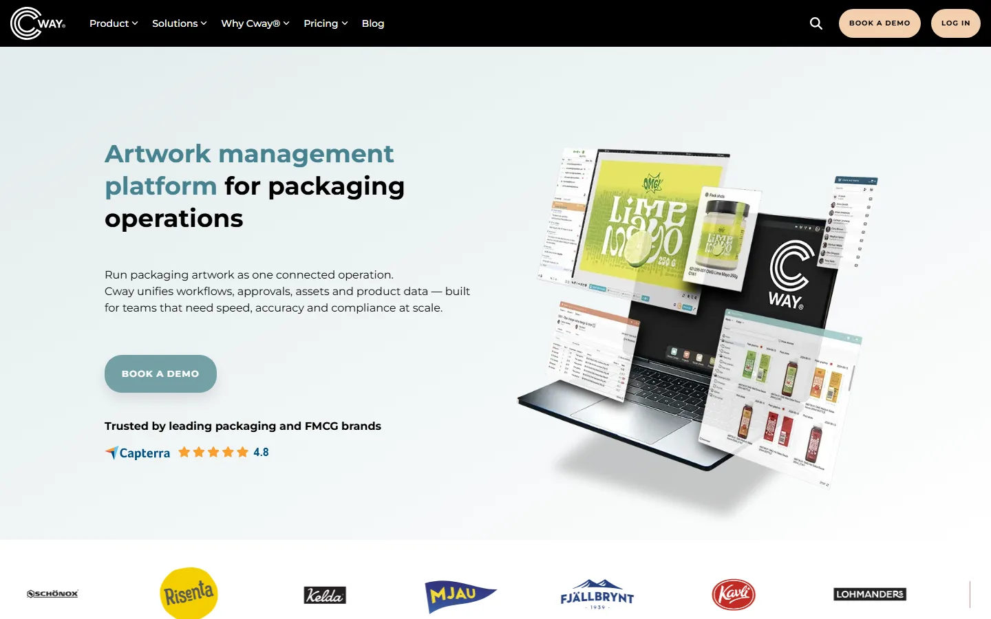 Cway's home page on 29 September 2026: the headline "Artwork management platform for packaging operations" beside packaging mock-ups.