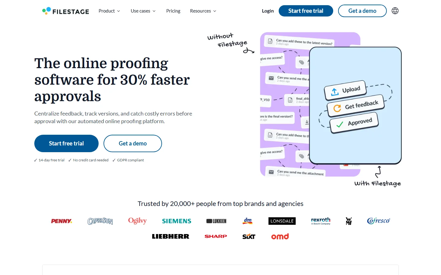 Filestage's home page on 29 September 2026: the headline "The online proofing software for 30% faster approvals" beside an illustrated upload, feedback and approval flow.