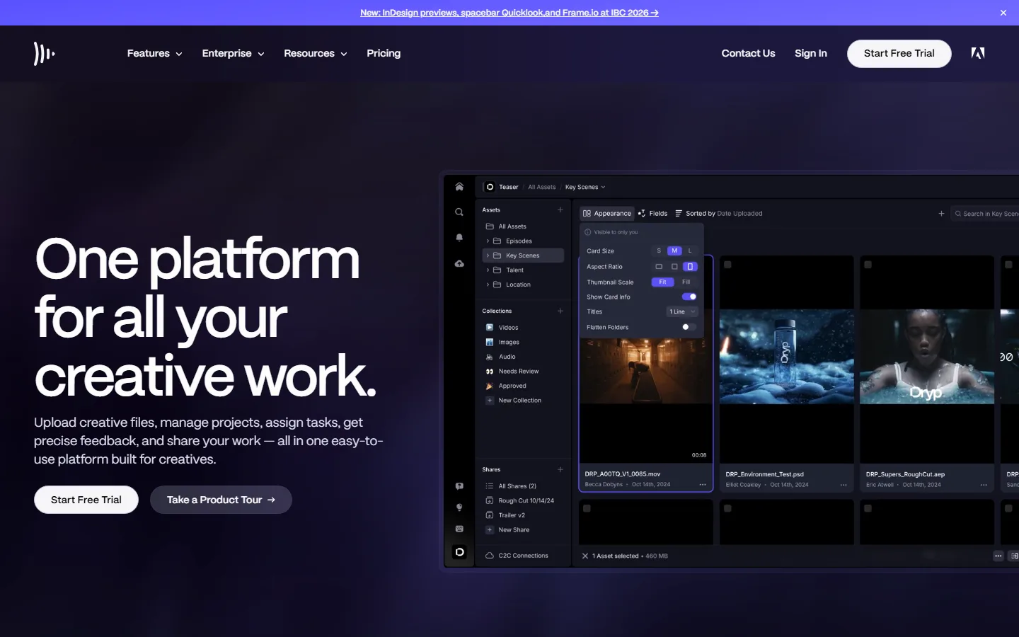 Frame.io's home page on 29 September 2026: the headline "One platform for all your creative work" beside a grid of video thumbnails.