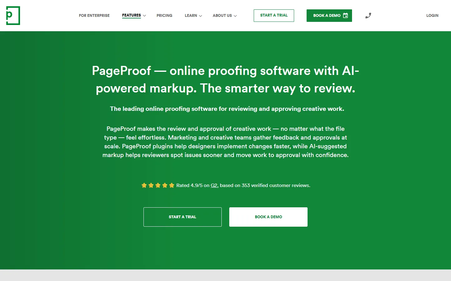 PageProof's home page on 29 September 2026: a green banner reading "PageProof — online proofing software with AI-powered markup".