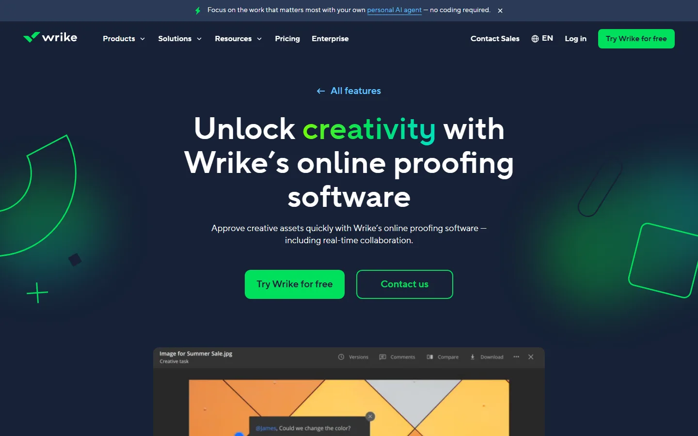 Wrike's online proofing page on 29 September 2026: the headline "Unlock creativity with Wrike's online proofing software" on a dark background.