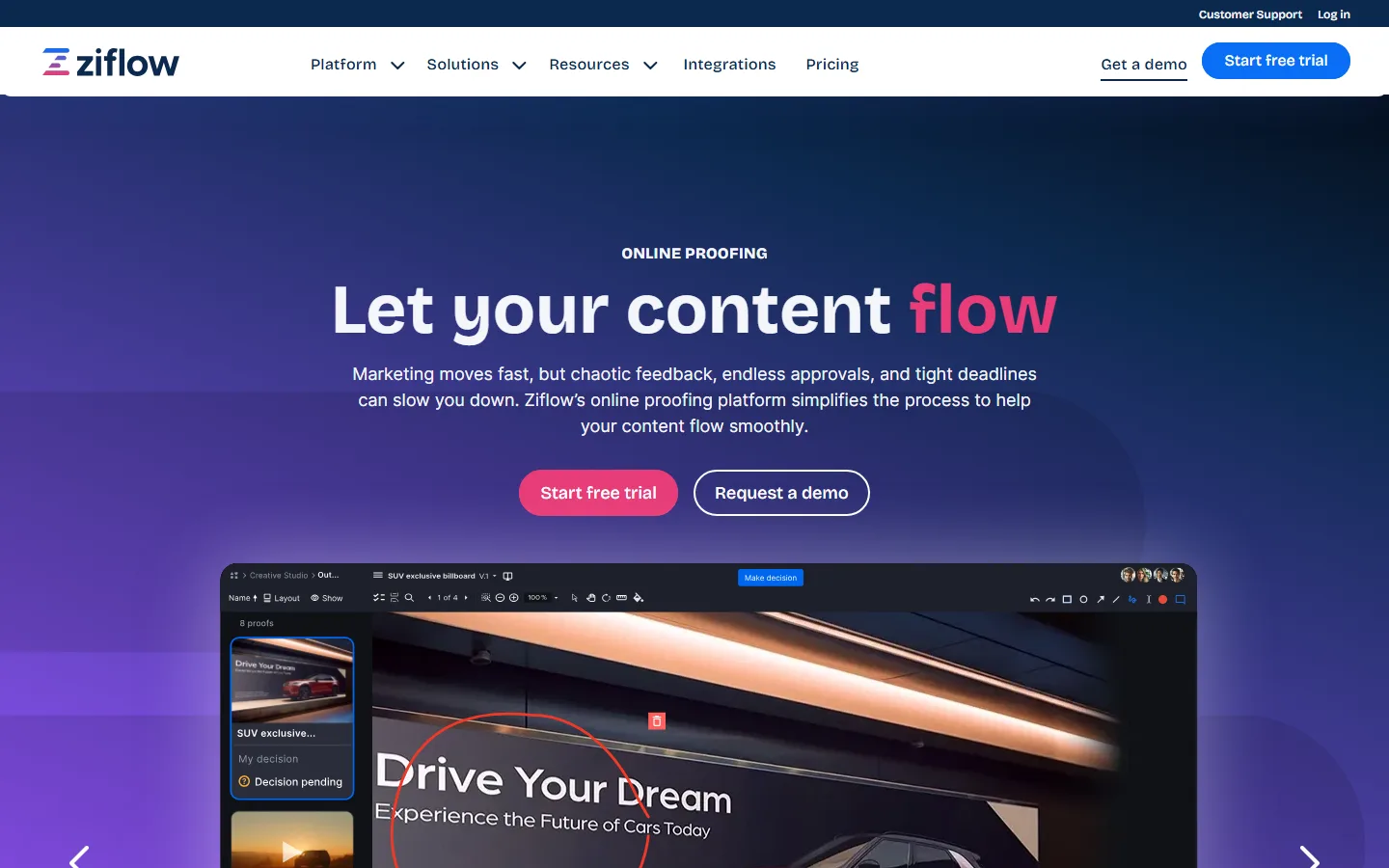 Ziflow's home page on 29 September 2026: the headline "Let your content flow" above a screenshot of a video being reviewed.