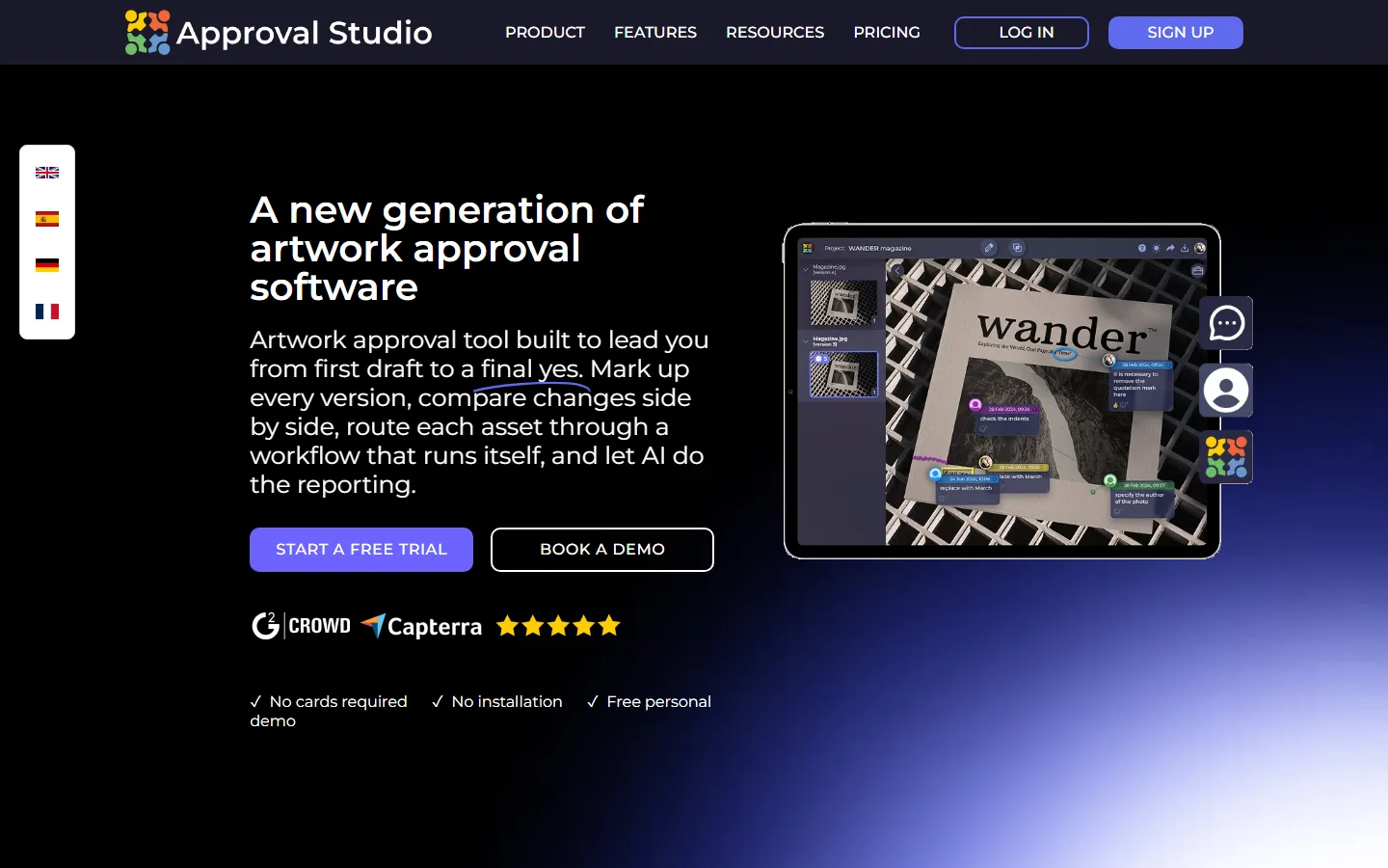 Approval Studio's home page on 29 September 2026: the headline "A new generation of artwork approval software" beside a tablet showing a marked-up magazine cover.