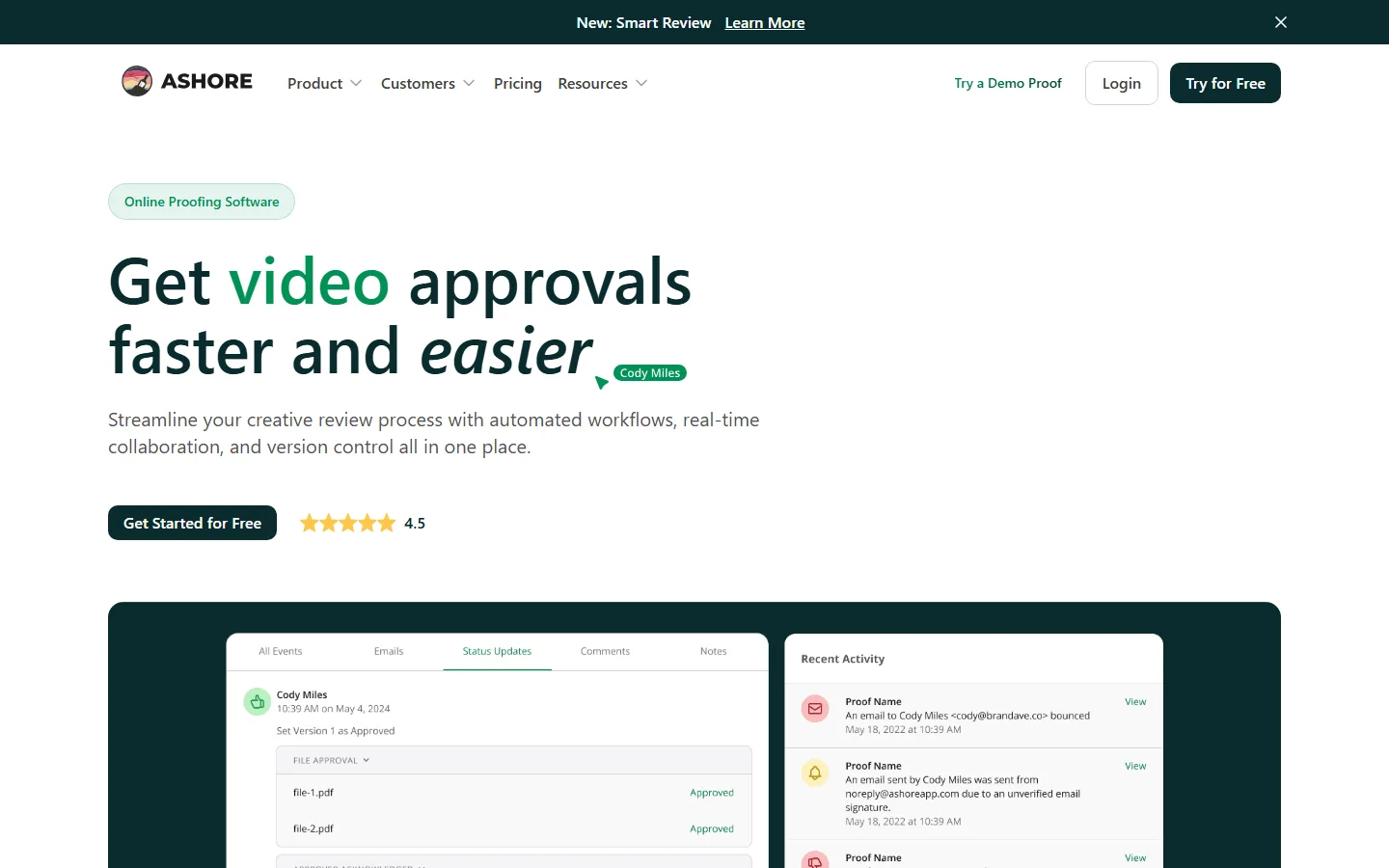 Ashore's home page on 29 September 2026: the headline "Get video approvals faster and easier" above a feed of approval activity.