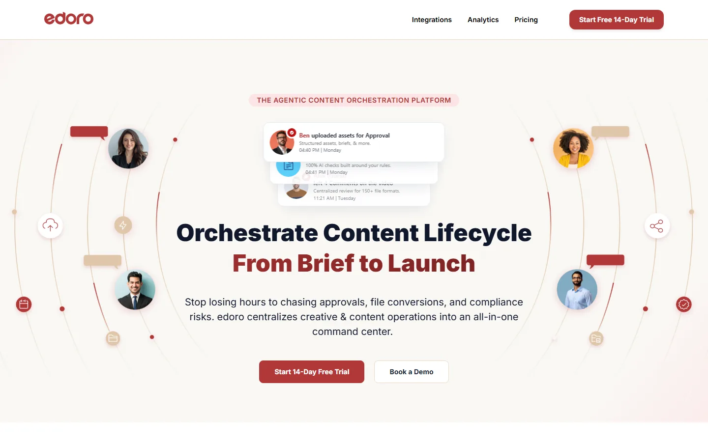 edoro's home page on 29 September 2026: the headline "Orchestrate Content Lifecycle From Brief to Launch".