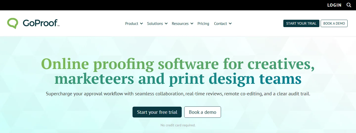 GoProof's home page on 29 September 2026: the headline "Online proofing software for creatives, marketeers and print design teams".