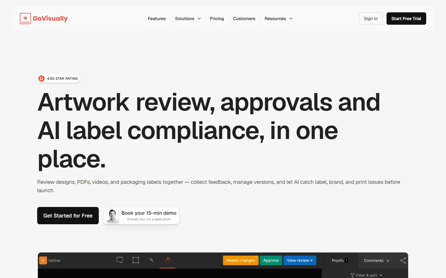 GoVisually's home page on 29 September 2026: the headline "Artwork review, approvals and AI label compliance, in one place".