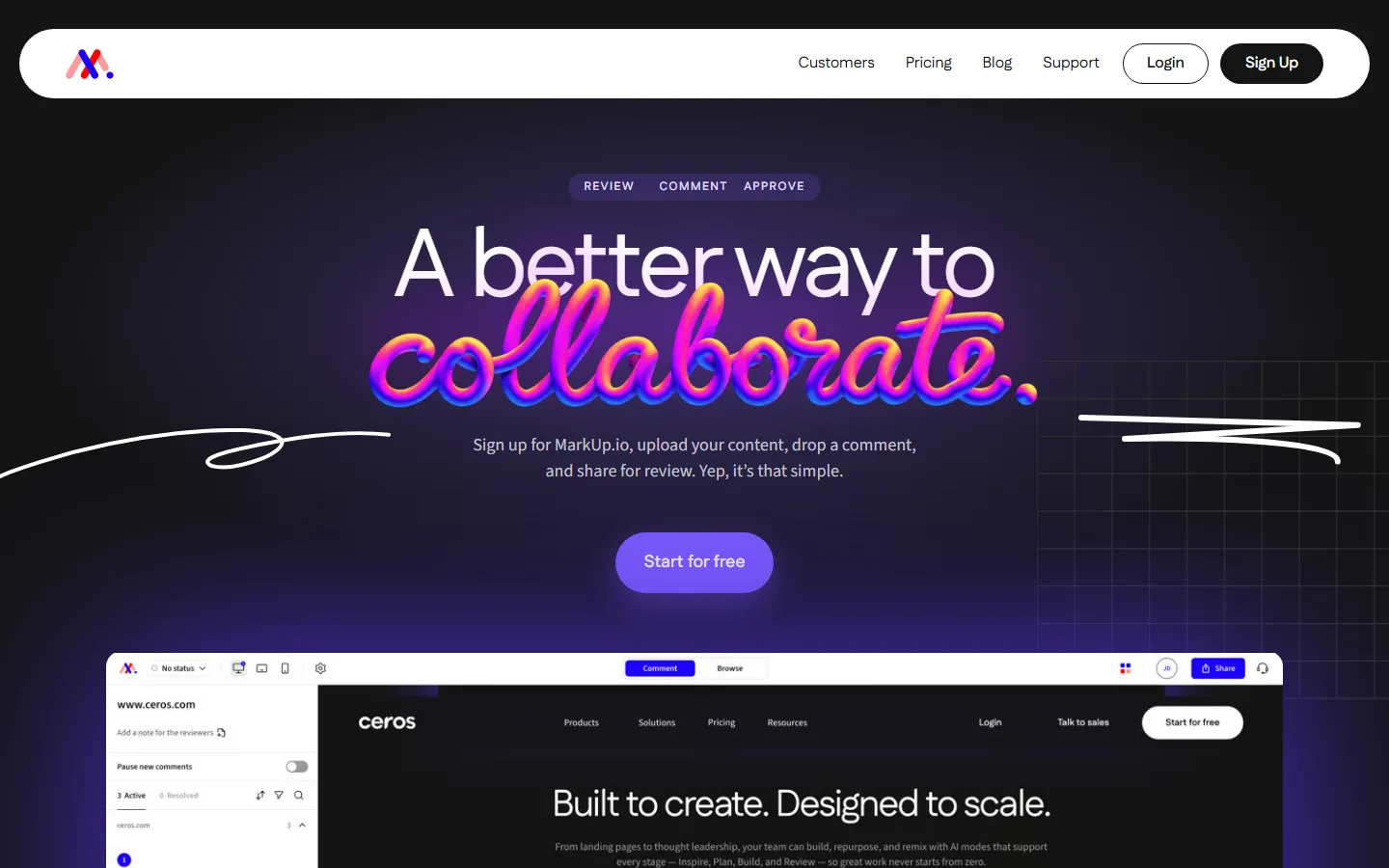 MarkUp.io's home page on 29 September 2026: the words "A better way to collaborate" in neon script above a web page being commented on.