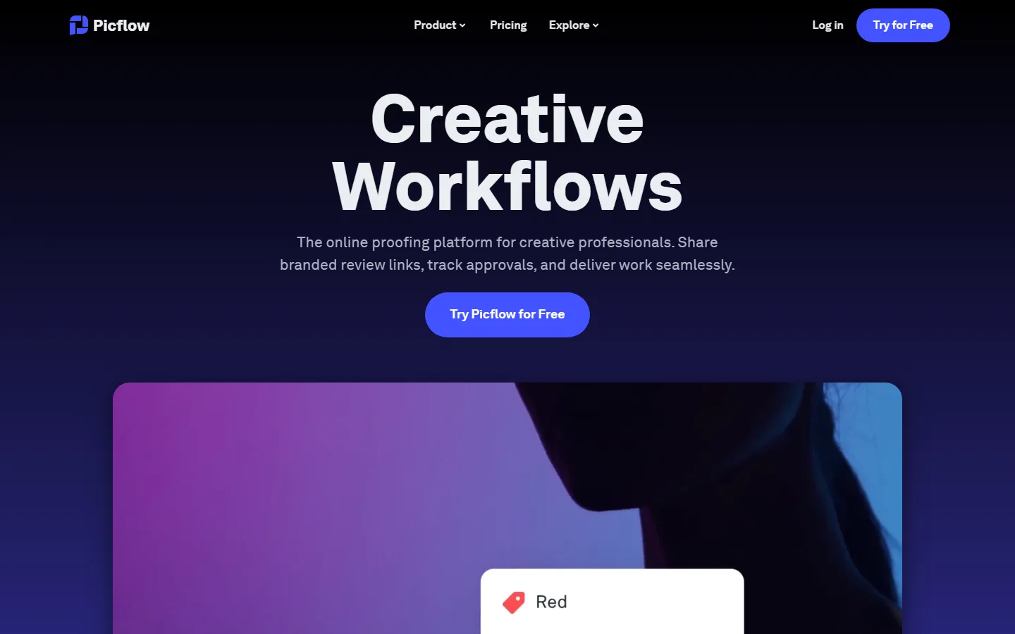 Picflow's home page on 29 September 2026: the headline "Creative Workflows" on a dark blue background.