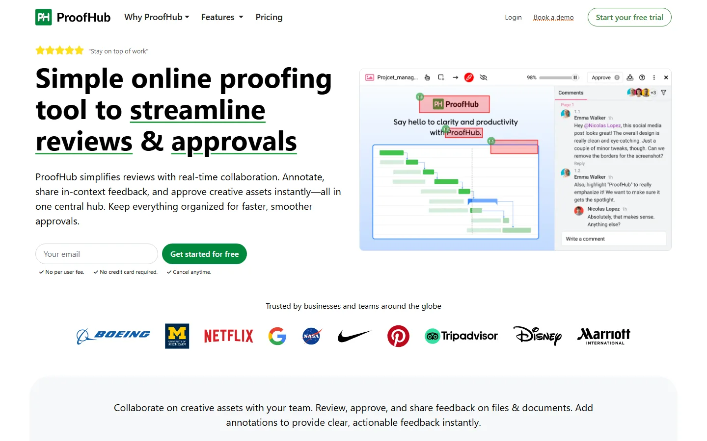 ProofHub's proofing page on 29 September 2026: the headline "Simple online proofing tool to streamline reviews & approvals" beside a marked-up design.