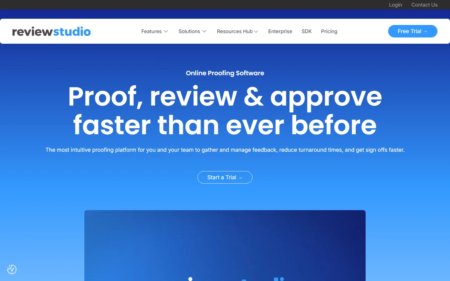 ReviewStudio's home page on 29 September 2026: the headline "Proof, review & approve faster than ever before" on a blue background.