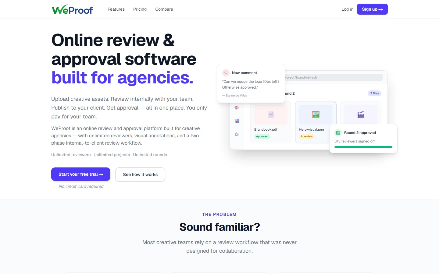 WeProof's home page on 29 September 2026: the headline "Online review & approval software built for agencies" beside review cards marked by round.