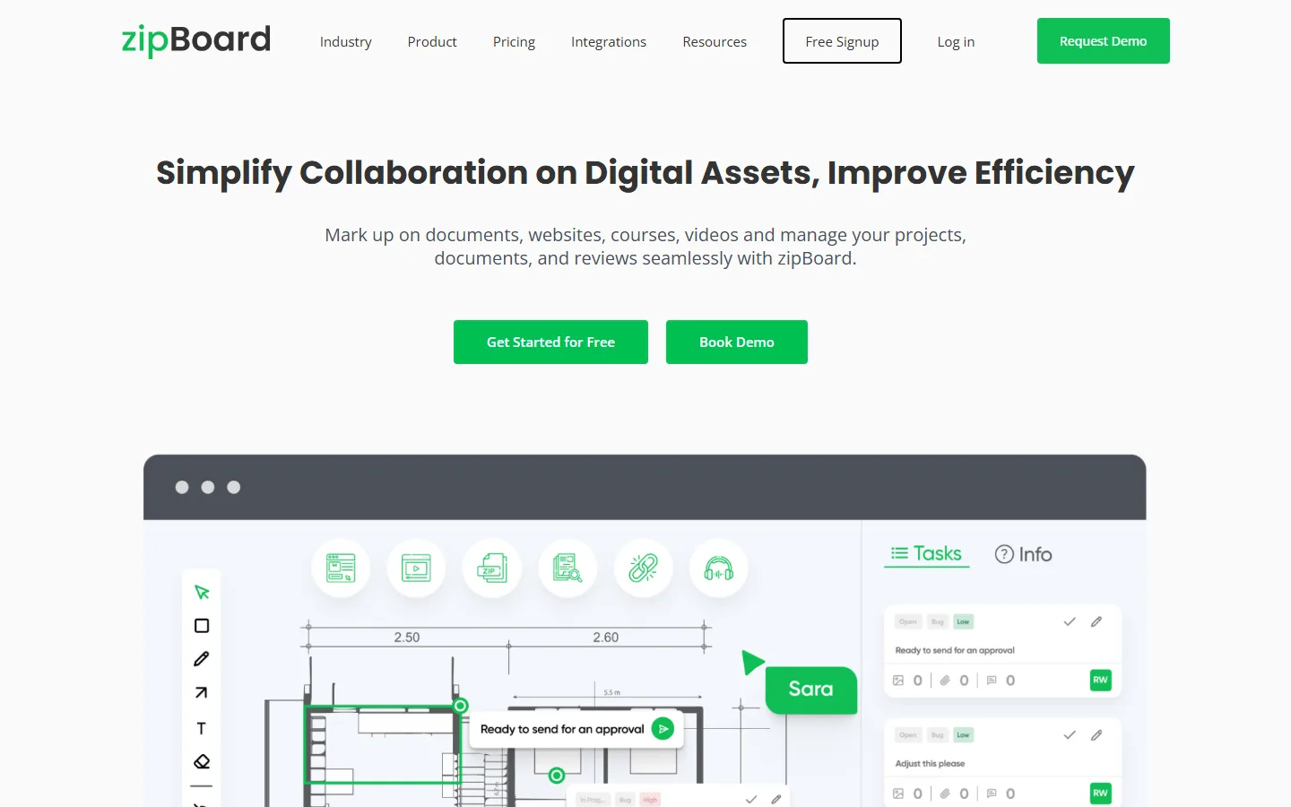 zipBoard's home page on 29 September 2026: the headline "Simplify Collaboration on Digital Assets, Improve Efficiency" above a marked-up floor plan.