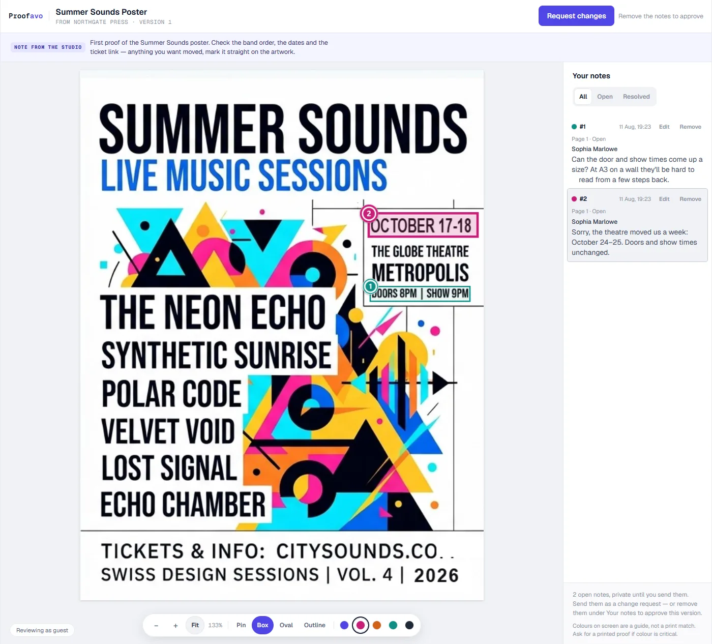 The customer's view of a proof: the artwork with a pinned comment, an Approve button and a Request changes button.