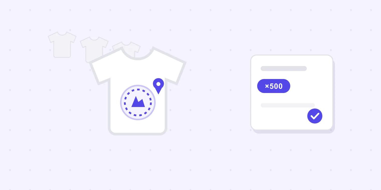 One shirt with the logo placed and approved — standing for the five hundred that will be decorated exactly like it.