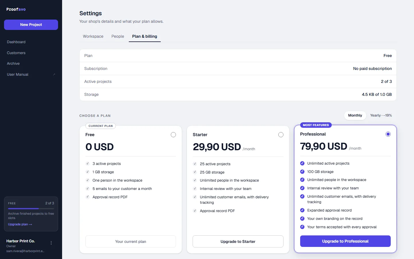 Plan and billing